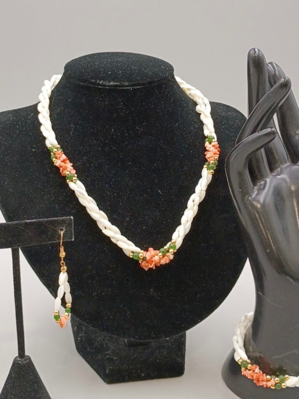 Mother of Pearl, Coral, & Jade Beaded Jewelry Set
